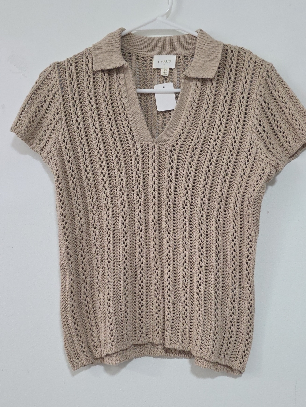 Cyrus Beige Open-Knit Polo Tank Top